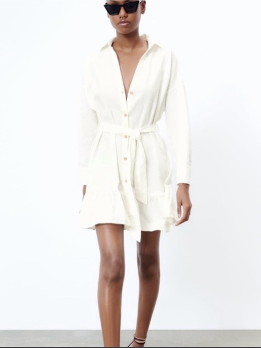 Zara Cream Button-Front Mini Shirt Dress with Waist Tie